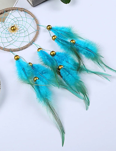 cheap Basic Collection-Dream Catcher Handmade Gift Blue Feather Hanging Beads Wall Hanging Decorative Art Boho Style 11*40cm