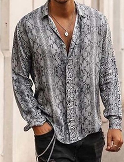 cheap Men-Men&#039;s Shirt Snake Print Collar Street Casual Long Sleeve Button-Down Tops Ethnic Style Casual Fashion Vintage Gray