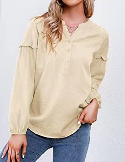 cheap Basic Collection-Women&#039;s Blouse Puff Sleeve Button Classic Plain V Neck Spring &amp;  Fall Regular Blue Black Grey White Beige