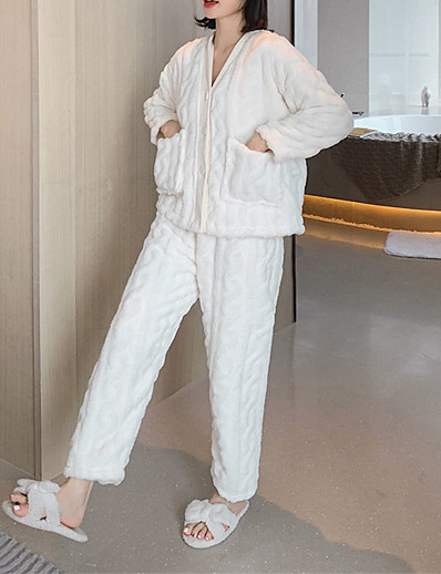 cheap Women-Women&#039;s Pajamas Sets Warm Breathable Elastic Waist Home Daily Bed Flannel Pure Color Plush Simple Fashion Soft Fall Winter Pant Long Sleeve Long Pant V Wire Buckle