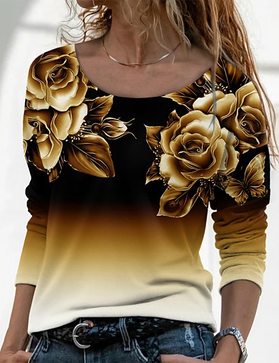 hesapli Tişörtler-Kadın&#039;s T gömlek Çiçek Teması Resim Renkli Gradyan Pırıltılı Çiçek Yuvarlak Yaka Desen Temel Üstler Yonca Havuz Siyah / 3D Baskı
