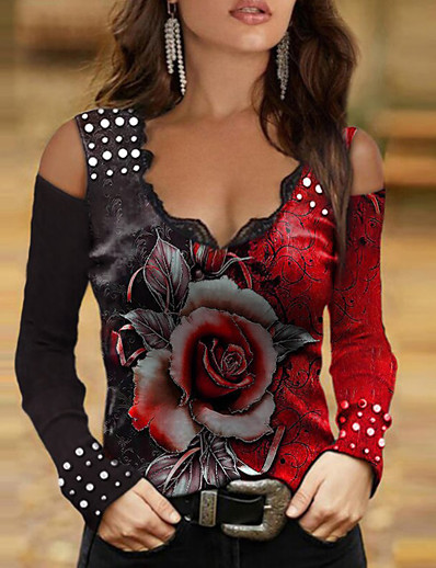 זול חולצות לנשים-בגדי ריקוד נשים חולצה חלק עליון 3D גאומטרי שרוול ארוך פרחוני פרפר צווארון V דפוס וינטאג&#039; צמרות רגיל סגול פוקסיה תלתן