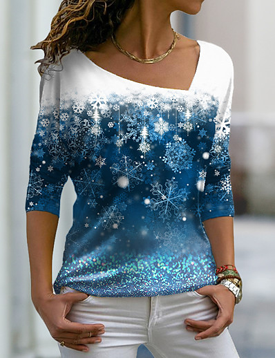 baratos Camisetas &amp; Camisas-Mulheres Camiseta Abstrato Pintura Gráfico Brilhante Floco de Neve Decote V Imprimir Básico Blusas Verde Azul Roxo / Impressão 3D