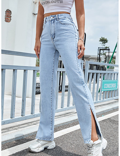cheap Women-Women&#039;s Trousers Split Jeans Full Length Pants Inelastic Work Weekend Solid Color High Waist Blue XS S M L