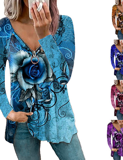 abordables Colección básica-Mujer Blusa Cremallera Estampado Clásico Multicolor Cuello en Y Primavera &amp; Otoño Regular Café Marrón Morado Rosa Azul Real Azul Oscuro
