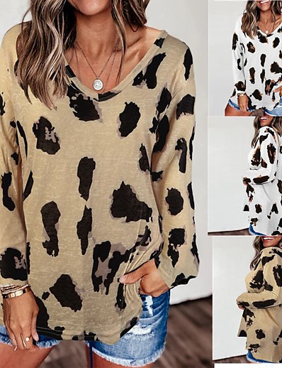 hesapli Kadın Giyim-Kadın&#039;s Bluz Büyük Boy Leopar Baskı Klasik Çita Desenli V Yaka İlkbahar &amp; Kış Normal Açık Kahve Siyah Beyaz