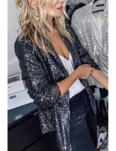 cheap Jackets-Women&#039;s Jacket Fall Spring Party Wedding Street Regular Coat Windproof Warm Regular Fit Active Elegant Casual Jacket Long Sleeve Sequins Solid Color Sequin Black Silver Gold
