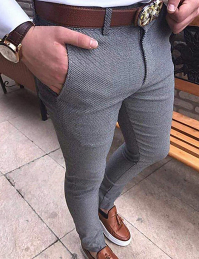 hesapli Erkek Altları-Erkek Temel Çince Tam uzunluk Pantolon Solid Orta Bel Siyah Açık Gri Koyu Gri Kahverengi S M L XL XXL