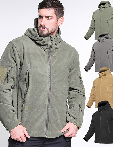 cheap Sportswear-Men&#039;s Fleece Hoodie Jacket Hiking Jacket Military Tactical Jacket Winter Outdoor Thermal Warm Windproof Breathable Stretchy Single Slider Winter Jacket Top Hunting Fishing Climbing Army Green Black