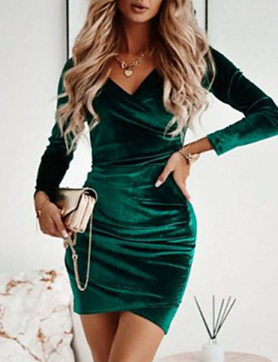 Χαμηλού Κόστους Γυναικεία Φορέματα-Γυναικεία Μίνι φόρεμα Εφαρμοστό Πράσινο του τριφυλλιού Μαύρο Ρουμπίνι Μακρυμάνικο Σουρωτά Βελούδο Συμπαγές Χρώμα Λαιμόκοψη V Φθινόπωρο Χειμώνας Πάρτι Στυλάτο Κομψό Σέξι 2022 Τ M L XL XXL 3XL