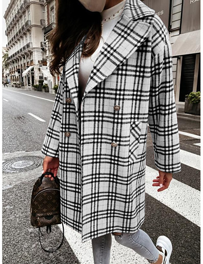 hesapli Ceketler-Kadın&#039;s Ceketler Sonbahar Bahar Günlük Uzun Ceket Sıcak Tutma Salaş Günlük Ceketler Uzun Kollu Cep Kareli Pembe kareli beyaz ekose haki