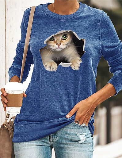 baratos Camisetas &amp; Camisas-Mulheres Gato 3D Camiseta Gato Gráfico 3D Manga Longa Estampado Decote Redondo Básico Blusas Preto Azul Amarelo