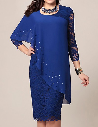 cheap Women-Women&#039;s Knee Length Dress Shift Dress Blue Green Navy Blue 3/4 Length Sleeve Embroidered Lace Patchwork Solid Color Round Neck Fall Winter Party Elegant Sexy 2021 S M L XL XXL 3XL 4XL 5XL