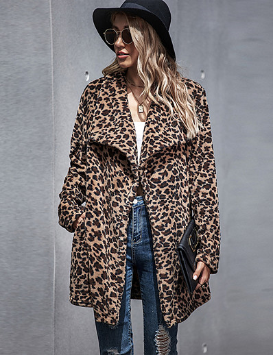 Χαμηλού Κόστους Γυναικεία Ρούχα-Γυναικεία Παλτό Faux Fur Leopard Εκτύπωση Μακρύ Των ζώων Πριντ Τσιτάχ Κολάρο Πουκαμίσου Χειμώνας Κανονικό Σκούρο καφέ
