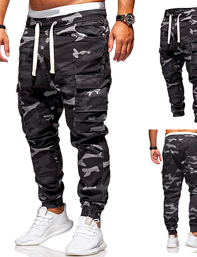 cheap Men-Men&#039;s Active Casual Drawstring Multi Pocket Elastic Waist Pants Sweatpants Trousers Pants Sports &amp; Outdoor Daily Camouflage Mid Waist Black M L XL 2XL 3XL
