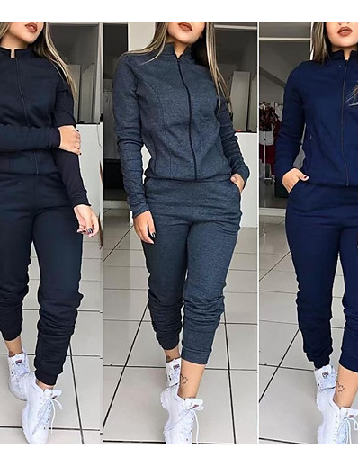 cheap Sports Athleisure-Women&#039;s Sweatsuit 2 Piece Stand Collar Side Pockets Front Zipper Solid Color Sport Athleisure Long Sleeve Clothing Suit Everyday Use Breathable Soft Comfortable Street Casual Daily Outdoor / Winter