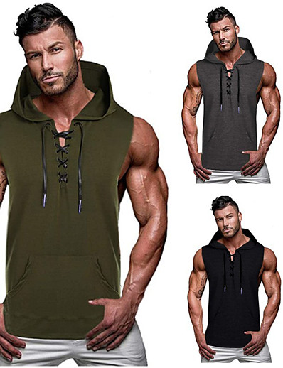 cheap Exercise, Fitness &amp; Yoga-Men&#039;s Yoga Top Pocket Hooded Summer Solid Color ArmyGreen Gray Fitness Exercise &amp; Fitness Martial Arts Cotton Hoodie Tank Top Sleeveless Sport Activewear Stretchy Comfort Moisture Wicking Breathable
