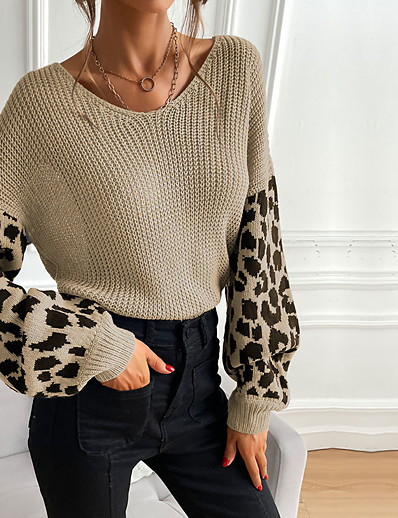 cheap Basic Collection-Women&#039;s Pullover Sweater Leopard Print Knitted Daily Plain Round Neck Spring &amp;  Fall Standard Black Grey Dark Coffee Beige