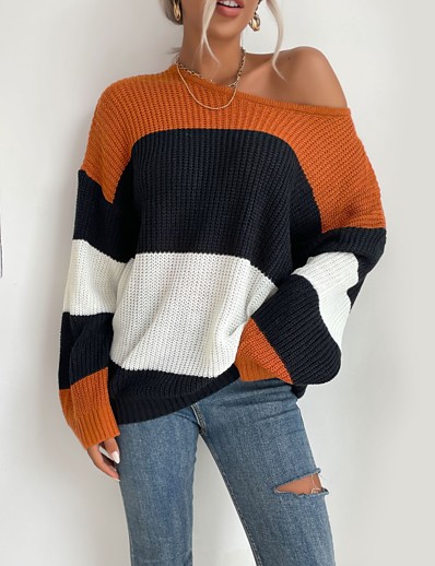cheap Basic Collection-Women&#039;s Pullover Sweater Stripe Knitted Daily Striped Round Neck Spring &amp;  Fall Standard White / Black