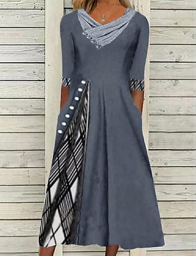 cheap Women-Women&#039;s Knee Length Dress A Line Dress Gray Half Sleeve Print Print Color Block V Neck Spring Summer Stylish Casual 2022 Loose S M L XL XXL