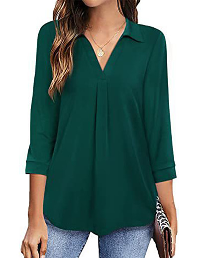 cheap Blouses &amp; Shirts-Women&#039;s Blouse Shirt Plain V Neck Casual Streetwear Tops Green Black Wine
