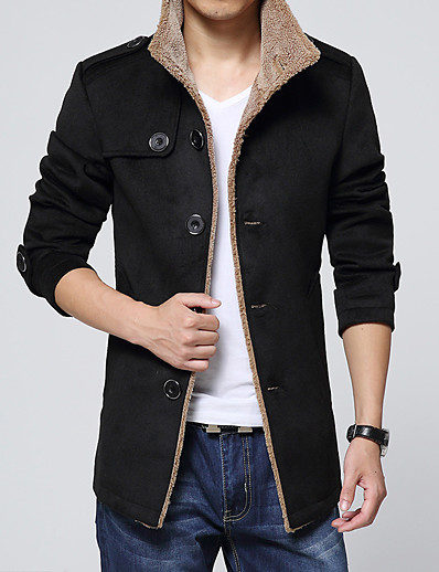 hesapli Erkek Dış Giyimi-Erkek Ceketler Kış Günlük Normal Ceket Gömlek Yaka İnce Temel Ceketler Uzun Kollu Solid Koyu Mavi Haki Siyah / Suni Kürk