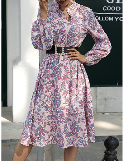 cheap Basic Collection-Women&#039;s Skirt &amp; Dress Floral Dress Print Multi Color Standing Collar Spring &amp;  Fall Regular Pink