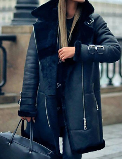 저렴한 여성 코트 &amp; 트렌치 코트-여성용 자켓 가을 겨울 일상 데이트 집 밖의 보통 코트 따뜨하게 유지 통기성 보통 캐쥬얼 자켓 긴 소매 모피 트림 주머니 한 색상 블랙