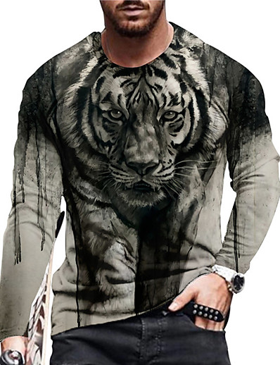 cheap Men-Men&#039;s Unisex T shirt Graphic Prints Tiger 3D Print Crew Neck Daily Holiday Long Sleeve Print Tops Casual Designer Big and Tall Gray