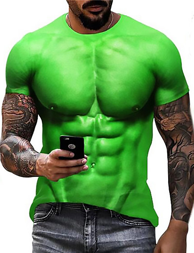 cheap Men-Men&#039;s Unisex T shirt Graphic Prints Muscle 3D Print Crew Neck Daily Holiday Short Sleeve Print Tops Casual Designer Big and Tall Green / Summer