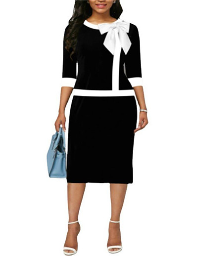 Χαμηλού Κόστους Γυναικεία Φορέματα-Γυναικεία Φόρεμα μέχρι το γόνατο Φόρεμα ριχτό Μαύρο 3/4 Μήκος Μανικιού Κουρελού Φιόγκος Συμπαγές Χρώμα Στρογγυλή Λαιμόκοψη Άνοιξη Καλοκαίρι Στυλάτο Γραφείο Κομψό 2022 Τ M L XL XXL