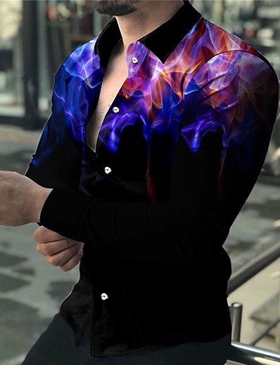 cheap Men-Men&#039;s Shirt Optical Illusion 3D Print Turndown Street Casual Long Sleeve Button-Down Print Tops Casual Fashion Breathable Blue / Spring / Summer