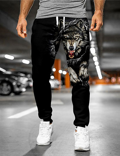 cheap Men-Men&#039;s Designer Casual / Sporty 3D Print Drawstring Elastic Waist Jogger Sweatpants Trousers Full Length Pants Micro-elastic Casual Daily Graphic Wolf Mid Waist Outdoor Sports Black S M L XL XXL