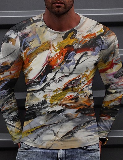 billige Toppe til mænd-Herre T-Shirts T-shirt Grafisk Grafiske tryk Landskab 3D-udskrivning Rund hals Afslappet Daglig Langærmet 3D-udskrivning Toppe Elegant Blødt Åndbart Bekvem Orange