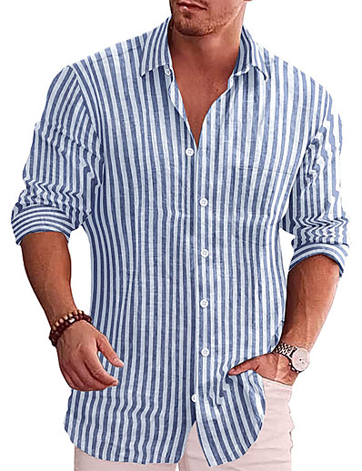 cheap Men-Men&#039;s Shirt Striped Collar Street Casual Long Sleeve Button-Down Print Tops Cotton Casual Fashion Comfortable Blue Gray / Spring / Summer