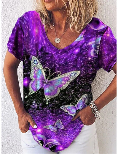 cheap Women-Women&#039;s T shirt Butterfly Graphic Butterfly Sparkly V Neck Basic Tops Purple / 3D Print