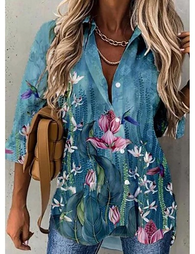 baratos Blusas &amp; Camisetas-Mulheres Blusa Camisa Social Tema Flores Floral Colarinho de Camisa Imprimir Casual Roupa de rua Blusas Verde Azul Cinzento / Impressão 3D