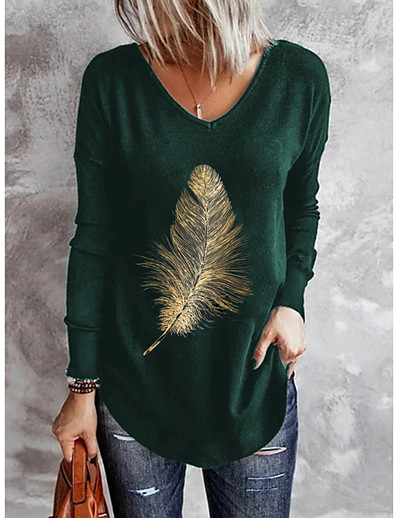 hesapli Tişörtler-Kadın&#039;s T gömlek Kuş tüyü V Yaka Temel Üstler Yonca Havuz Siyah