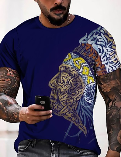cheap Men-Men&#039;s Tee T shirt Graphic Human 3D Print Round Neck Casual Daily Short Sleeve 3D Print Tops Casual Fashion Classic Designer Blue / Summer