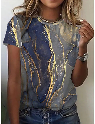 baratos Tendências 2022-Mulheres Camiseta Abstrato Geométrico Listrado Gráfico Abstrato Decote Redondo Imprimir Básico Vintage Blusas Azul