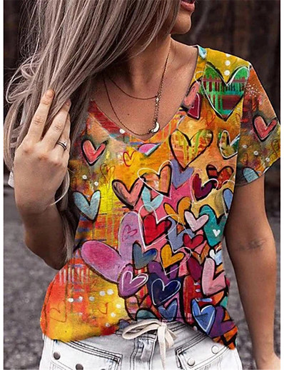 cheap Women-Women&#039;s Valentine&#039;s Day T shirt Couple Heart V Neck Basic Tops Rainbow / 3D Print