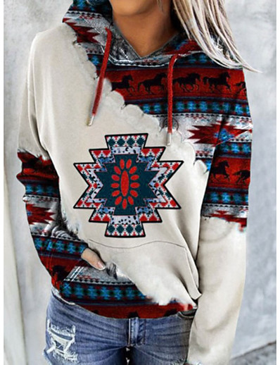 billige Hættetrøjer &amp; sweatshirts-Dame Tribal Hattetrøje Sweatshirt Trykt mønster 3D-udskrivning Daglig Sport Basale Etnisk Hættetrøjer Sweatshirts Rød Gul