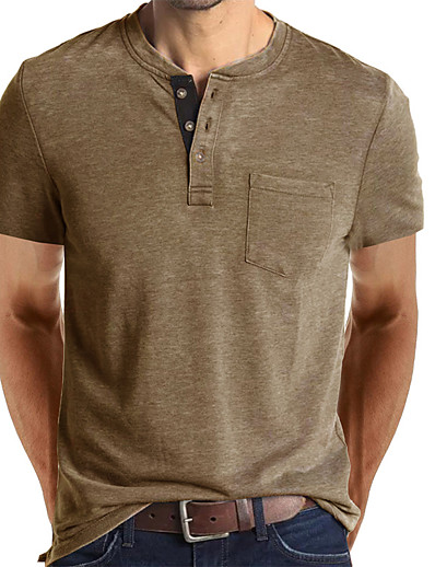 hesapli Erkek Giyim-Erkek T gömlek Tişört Temel Henley Orta İlkbahar yaz Siyah Haki Beyaz