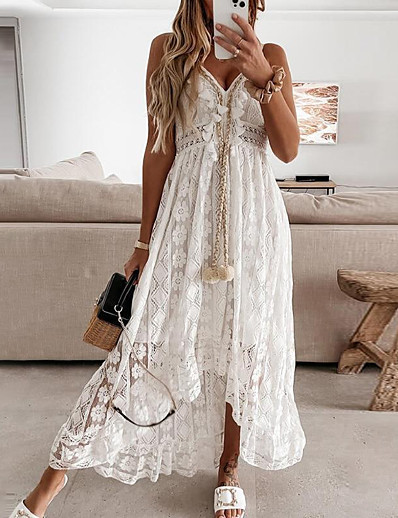 cheap Dresses-Women&#039;s Swing Dress Maxi long Dress White Beige Sleeveless Print Embroidered Lace Spring Summer V Neck Casual Holiday Boho Beach 2021 S M L XL XXL