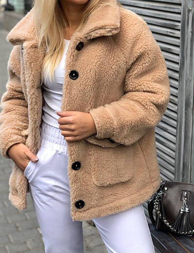 cheap Jackets-Women&#039;s Teddy Coat Spring Summer Street Daily Going out Regular Coat Warm Breathable Regular Fit Streetwear Cute Jacket Long Sleeve Pocket Solid Color White Black Khaki