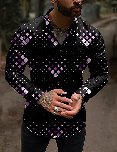cheap Men-Men&#039;s Shirt Plaid Turndown Street Casual Long Sleeve Button-Down Print Tops Casual Fashion Breathable Purple / Spring / Summer