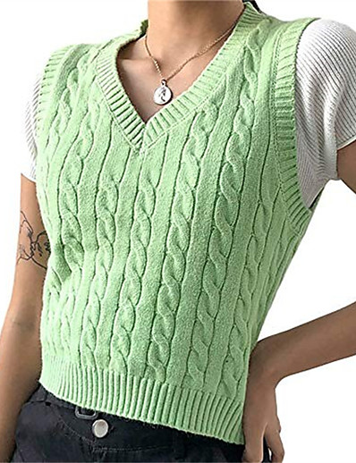 cheap Tank Tops-Women&#039;s Vest Solid Color Knitted Basic Casual Chunky Sleeveless Regular Fit Sweater Cardigans Fall Spring Summer V Neck Blue Gray Green / Going out