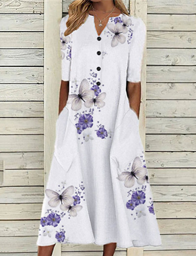 cheap Dresses-Women&#039;s Midi Dress A Line Dress Blue White Red Short Sleeve Pocket Print Floral Butterfly V Neck Spring Summer Stylish Casual Modern 2022 S M L XL XXL 3XL