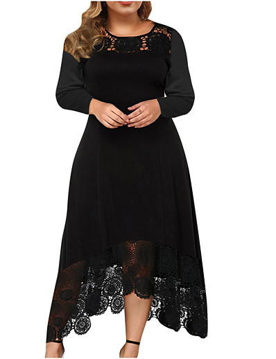 cheap Women-Women&#039;s Plus Size Solid Color A Line Dress Lace Round Neck Long Sleeve Work Basic Spring Summer Party Holiday Knee Length Dress Dress / Party Dress
