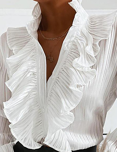 cheap Blouses &amp; Shirts-Women&#039;s Blouse Shirt Plain Standing Collar Ruffle Casual Fashion Streetwear Tops White Black